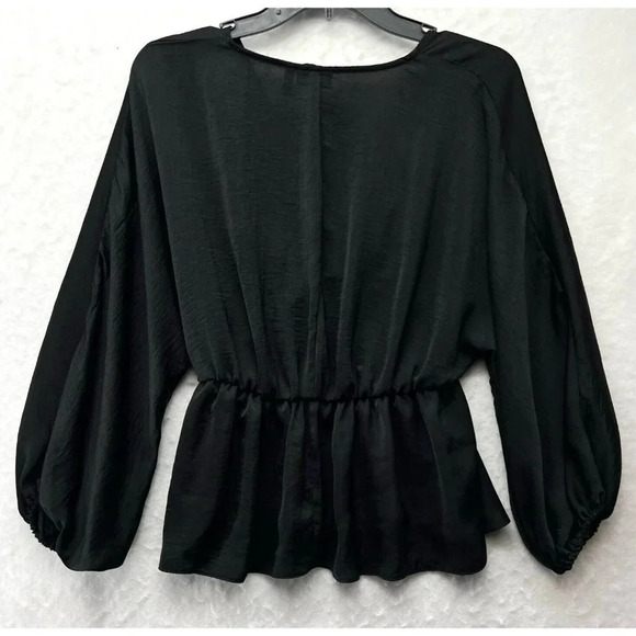 ASOS Blouse Womens 0 Black V Neck Peplum Elastic Back Waist Long Sleeve Pullover - Picture 2 of 12